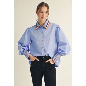 JODIFL Light Blue Puff Sleeve Blouse with Navy & Orange Trim